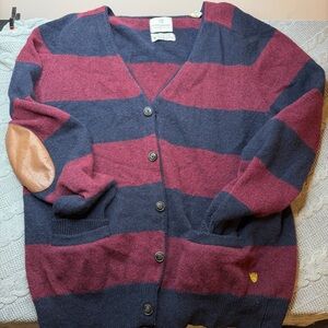 Scotch & Soda Men’s XL Burgundy Navy Striped Cardigan Leather Elbow Patches